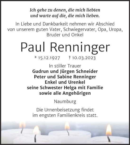 Traueranzeige von Paul Renninger von Naumburger Tageblatt