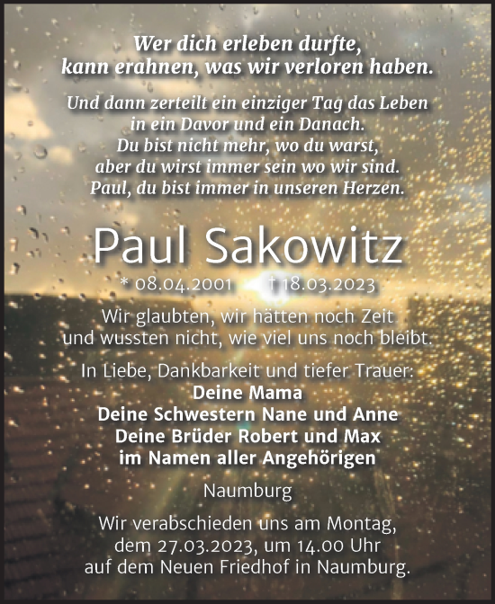 Traueranzeige von Paul Sakowitz von Naumburger Tageblatt