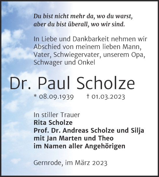 Traueranzeige von Paul Scholze von Trauerkombi Quedlinburg