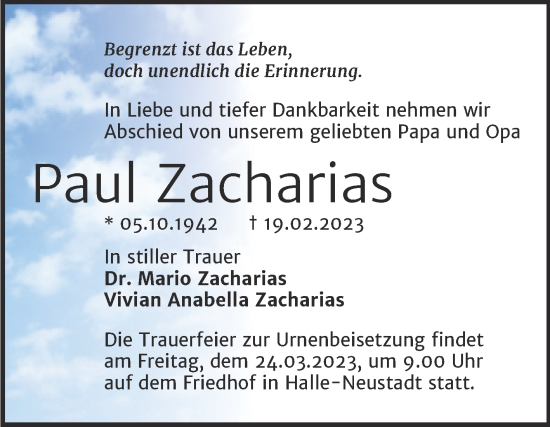 Traueranzeige von Paul Zacharias von Mitteldeutsche Zeitung Halle/Saalkreis