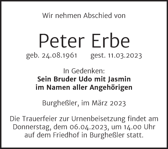 Traueranzeige von Peter Erbe von Wochenspiegel Naumburg/Nebra