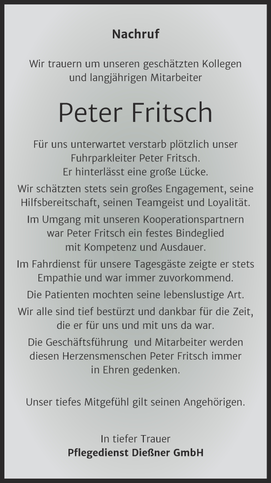 Traueranzeige von Peter Fritsch von Super Sonntag Dessau-Roßlau