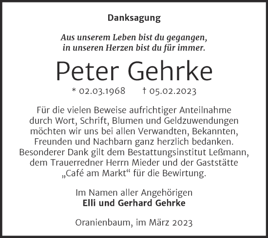 Traueranzeige von Peter Gehrke von Trauerkombi Wittenberg