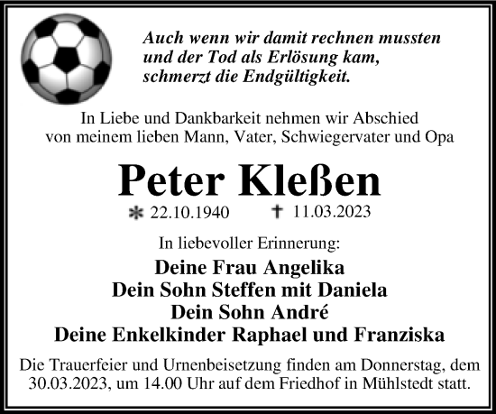 Traueranzeige von Peter Kleßen von Trauerkombi Dessau