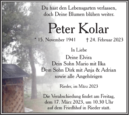 Traueranzeige von Peter Kolar von Trauerkombi Quedlinburg