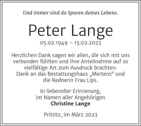 Traueranzeige von Peter Lange von Trauerkombi Weißenfels