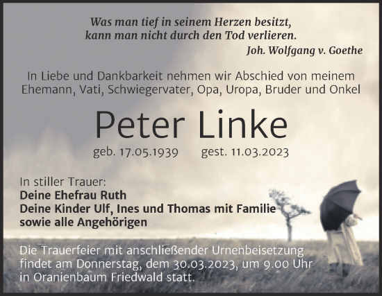 Traueranzeige von Peter Linke von Trauerkombi Wittenberg