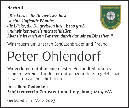 Traueranzeige von Peter Ohlendorf von Super Sonntag Mansfelder Land