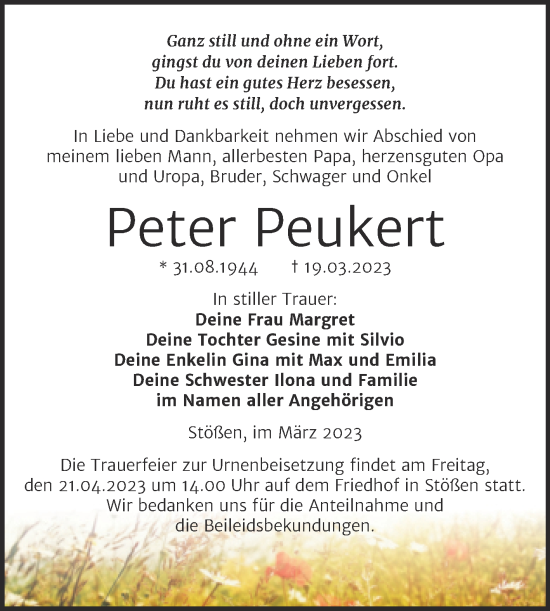 Traueranzeige von Peter Peukert von Wochenspiegel Naumburg/Nebra
