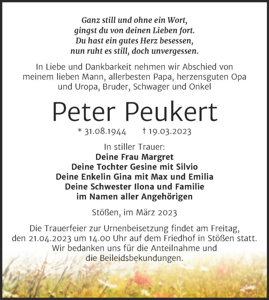  Traueranzeige für Peter Peukert vom 29.03.2023 aus Wochenspiegel Naumburg/Nebra