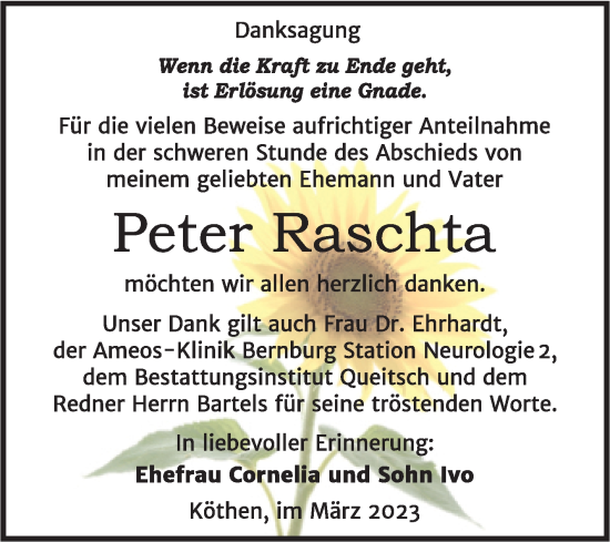 Traueranzeige von Peter Raschta von Trauerkombi Köthen