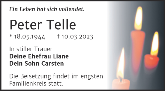 Traueranzeige von Peter Telle von Trauerkombi Dessau