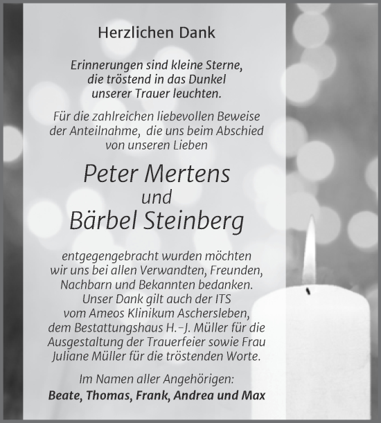 Traueranzeige von Peter Mertens und Bärbel Steinberg von Trauerkombi Aschersleben