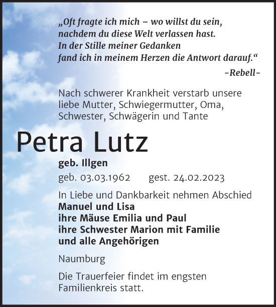 Traueranzeige von Petra Lutz von Wochenspiegel Naumburg/Nebra