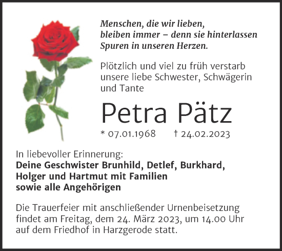 Traueranzeige von Petra Pätz von Trauerkombi Quedlinburg
