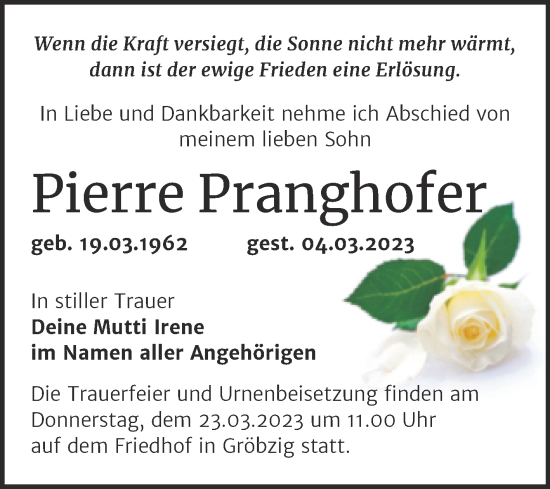 Traueranzeige von Pierre Pranghofer von Trauerkombi Köthen