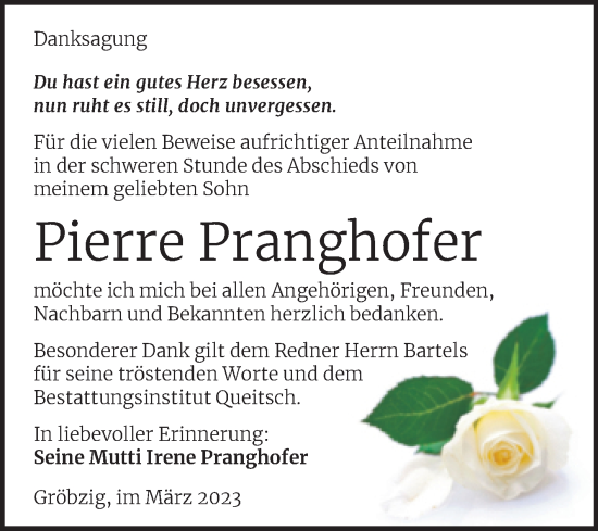 Traueranzeige von Pierre Pranghofer von Trauerkombi Köthen
