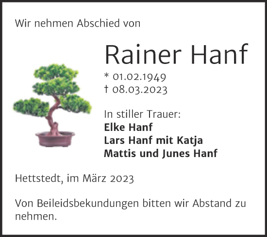 Traueranzeige von Rainer Hanf von Trauerkombi Mansfelder Land