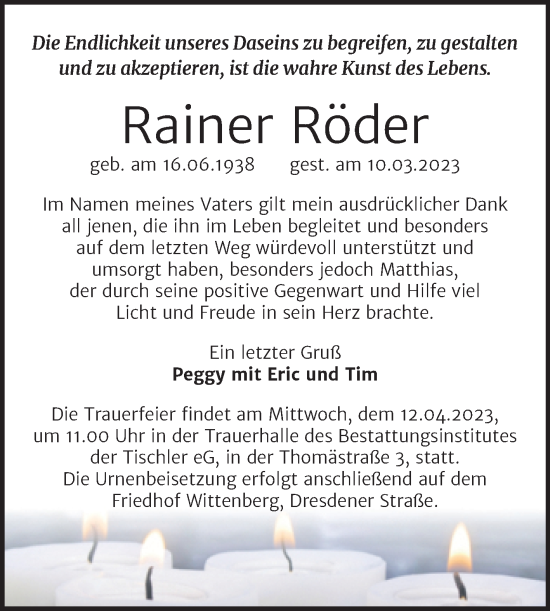 Traueranzeige von Rainer Röder von Trauerkombi Wittenberg