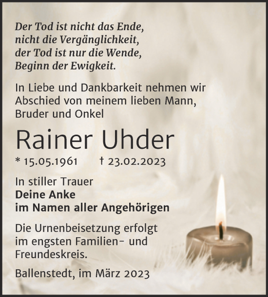 Traueranzeige von Rainer Uhder von Trauerkombi Quedlinburg