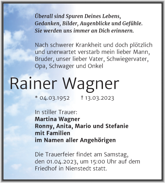 Traueranzeige von Rainer Wagner von Trauerkombi Sangerhausen