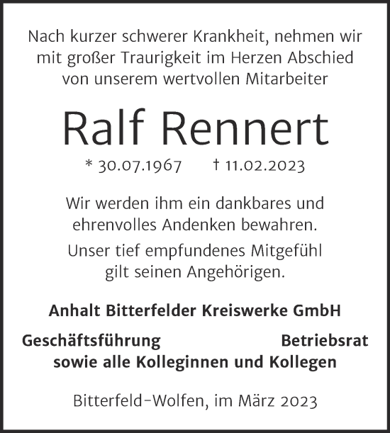 Traueranzeige von Ralf Rennert von Mitteldeutsche Zeitung Bitterfeld