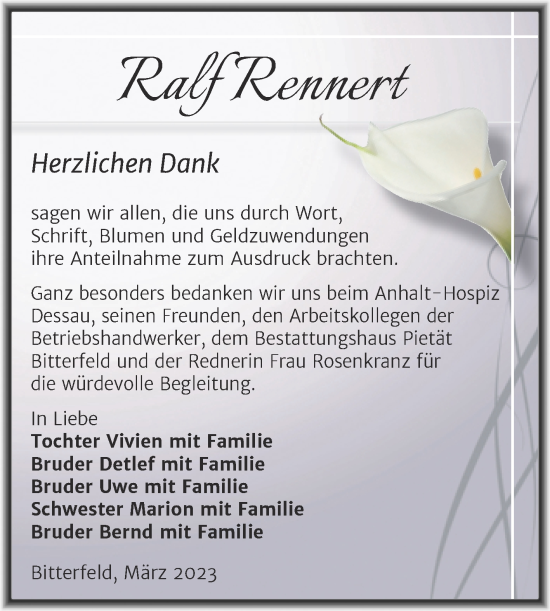 Traueranzeige von Ralf Rennert von Trauerkombi Bitterfeld