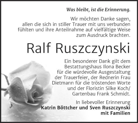 Traueranzeige von Ralf Ruszczynski von Trauerkombi Sangerhausen