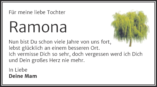 Traueranzeige von Ramona  von Mitteldeutsche Zeitung Merseburg/Querfurt