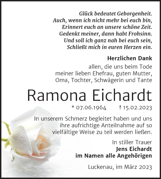 Traueranzeige von Ramona Eichardt von Trauerkombi Zeitz