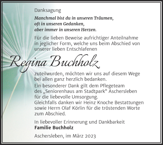 Traueranzeige von Regina Buchholz von Trauerkombi Aschersleben