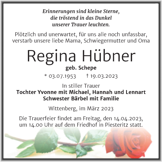 Traueranzeige von Regina Hübner von Trauerkombi Wittenberg