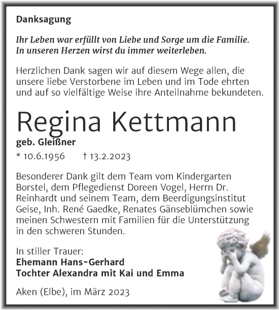 Traueranzeige von Regina Kettmann von Trauerkombi Köthen