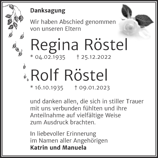 Traueranzeige von Regina und Rolf Röstel von Trauerkombi Wittenberg