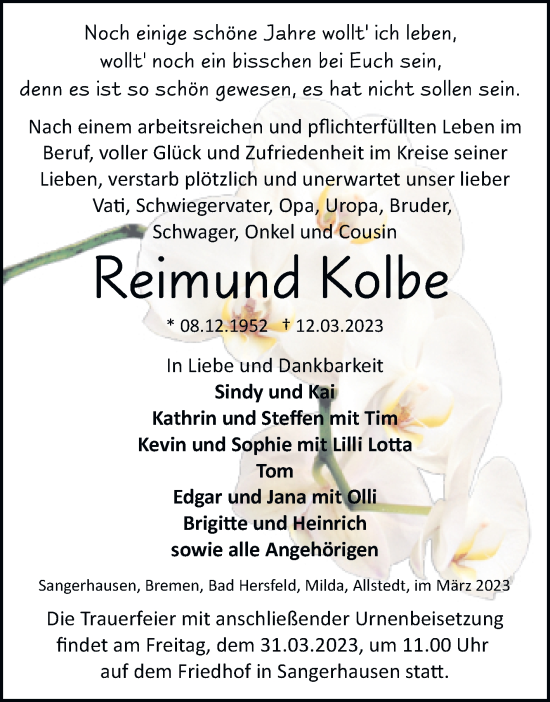 Traueranzeige von Reimund Kolbe von Trauerkombi Sangerhausen