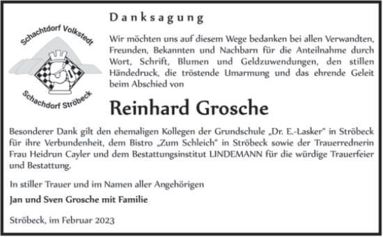 Traueranzeige von Reinhard Grosche von Trauerkombi Mansfelder Land