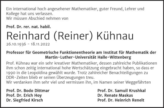 Traueranzeige von Reinhard  Kühnau von Mitteldeutsche Zeitung Halle/Saalkreis