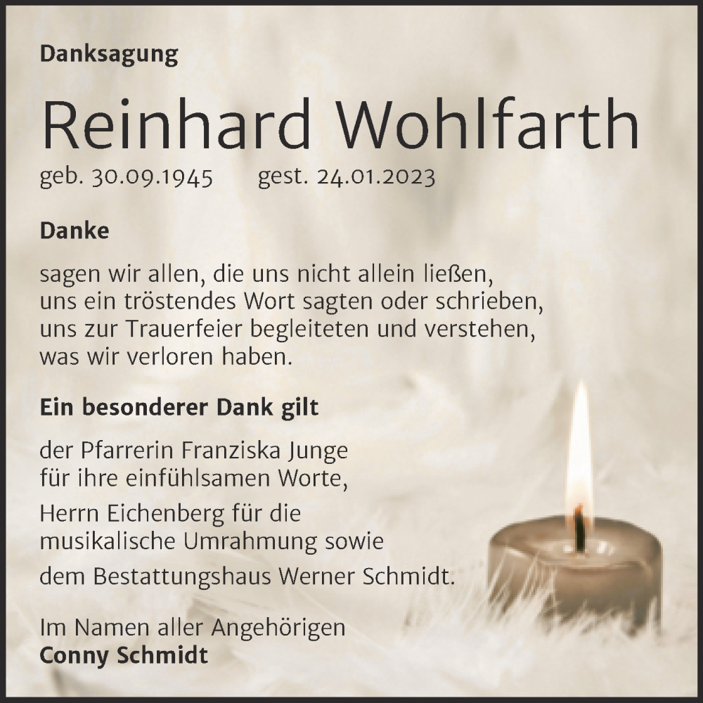  Traueranzeige für Reinhard Wohlfarth vom 18.03.2023 aus Trauerkombi Quedlinburg