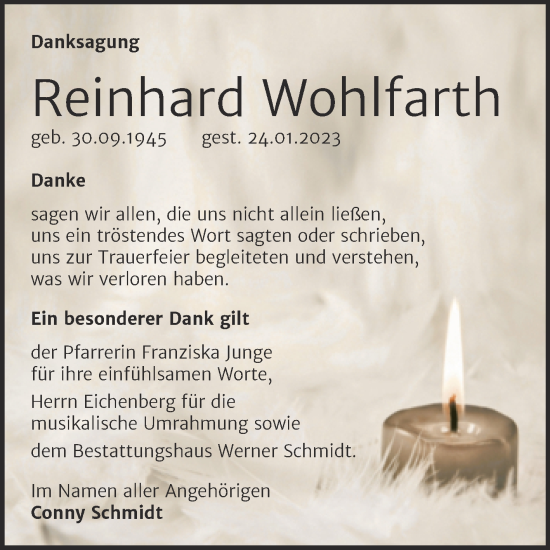 Traueranzeige von Reinhard Wohlfarth von Trauerkombi Quedlinburg