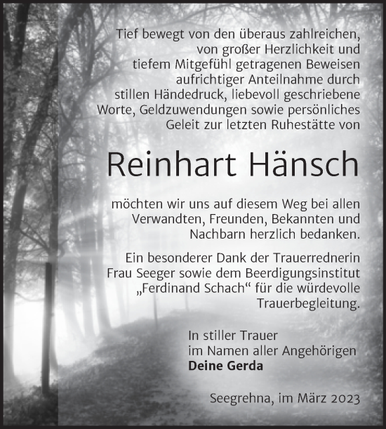 Traueranzeige von Reinhart Hänsch von Trauerkombi Wittenberg