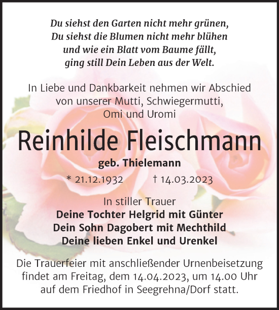 Traueranzeige von Reinhilde Fleischmann von Trauerkombi Wittenberg