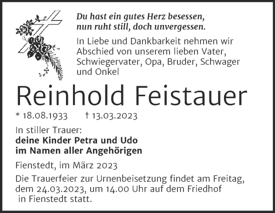 Traueranzeige von Reinhold Feistauer von Mitteldeutsche Zeitung Halle/Saalkreis
