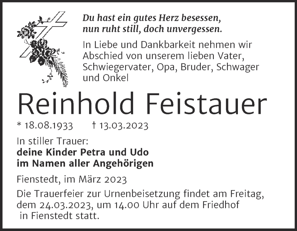  Traueranzeige für Reinhold Feistauer vom 17.03.2023 aus Mitteldeutsche Zeitung Halle/Saalkreis