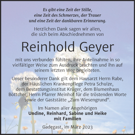 Traueranzeige von Reinhold Geyer von Trauerkombi Wittenberg