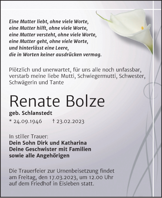 Traueranzeige von Renate Bolze von Trauerkombi Mansfelder Land