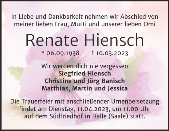 Traueranzeige von Renate Hiensch von Mitteldeutsche Zeitung Halle/Saalkreis