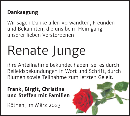 Traueranzeige von Renate Junge von Trauerkombi Köthen