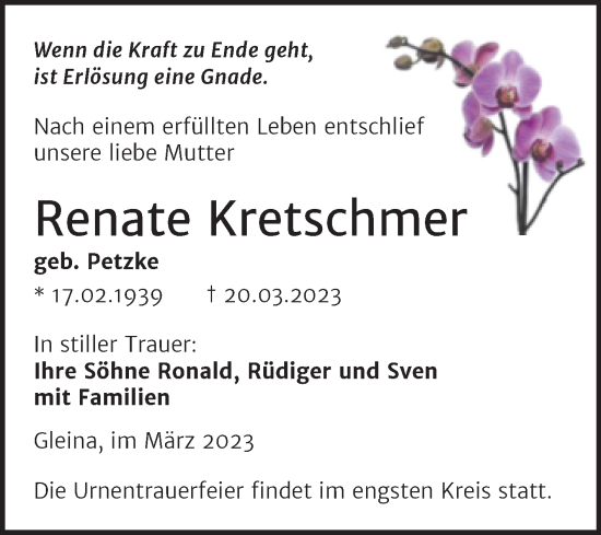 Traueranzeige von Renate Kretschmer von Wochenspiegel Naumburg/Nebra