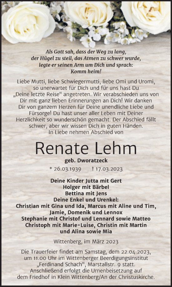 Traueranzeige von Renate Lehm von Trauerkombi Wittenberg