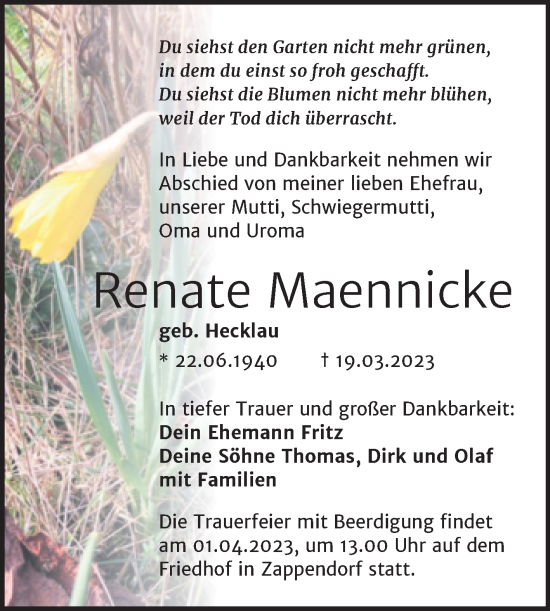 Traueranzeige von Renate Maennicke von Mitteldeutsche Zeitung Halle/Saalkreis